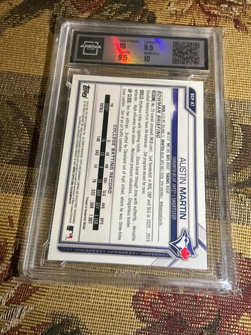 2021 Bowman Chrome Pros. Austin Martin BCP-87 Atomic Refractor Graded Arena 10